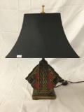 Antique metal desk lamp with shade, needs maintenance, approx 19 x 12 x 8 inches.