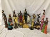 Lot of 18 ethnic figurines; Elegant Collection, Largest approx 22 x 5 inches, one has damage at