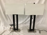 Pair of matching table lamps w/ Shades, tested and working, approx 29x15x8 inches. One missing top