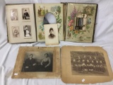 Antique photo collection w/ music box photo album, has damaged cover approx 10 x 12 inches