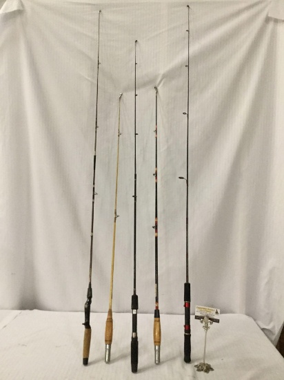 5 fishing poles; Garcia - Kingfisher , 2x Major Rod - Made in Canada, Zebco - Bullet 5 ft etc