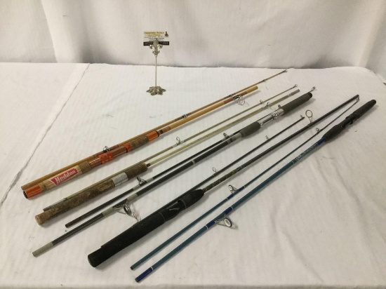 5 fishing poles; Shakespeare- Microspin, Shimano - Aeroglass, Daisy 6.5 ft etc