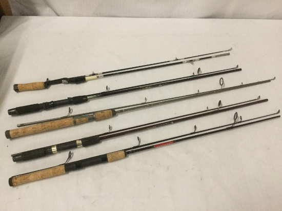 5 Assorted Fishing Rods: Eagle Claw Black Eagle, Abu Garcia Max Graphite, Shakespeare etc