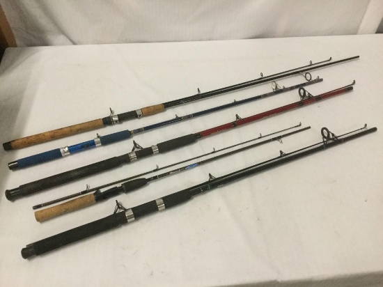 5 fishing rods - Zebco RT series, Shakespeare Excursion, Shakespeare, North River, etc