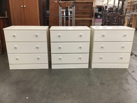 Lot of 3 matching white painted 3 drawer dresser with porcelain drawer pulls