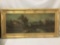 Antique old master style European village landscape scene painting on canvas in gold frame
