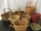 Lot of 9 woven baskets; red waste basket, metal flower design bowl, apple basket, vintage baskets
