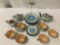 21 mid century luster ware Japanese tea set with orange/amber cup and blue/cream design