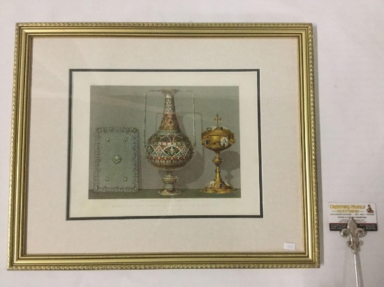 Vintage still life print in frame - Enameled Vase Damascened Book Cover & Chalice by Rudolf of Paris