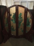 Asian carved wood 4 pane room divider inset shadow boxes w/ jade & mother of pearl inlay