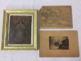 3x antique pieces - framed Santos painting - Early Map signed J Gilson and Paris etching by Yvon