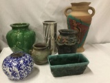 7 ceramic vases - some handmade & painted - incl. Haeger 4208 vase and Hill jardiniere