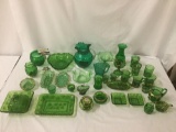 Large 36 piece collection of vintage green glass home decor; pitcher, serving dishes, drinking