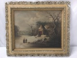 Original antique old master style winter rural house scene painting - oil on canvas in ornate frame