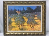 Original impressionist 40's-50's California oil painting of orchard/farm on canvas in antiqued frame