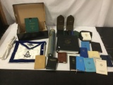 Large collection of Assorted Freemason Items. Books, ritual garb, bookends, laws, etc. see pics.