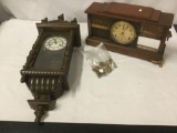2 antique clocks - Ingraham shelf clock & unmarked time/strike wall clock - both as is