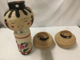 3 vintage Chinese collapsible paper light shades w/ 1 shaped like a doll