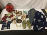 Large Lot of Assorted Japanese Collictibles and Trinkets, shirts, dolls, light shade, sandals, fans,