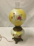 Antique handpainted oil lamp converted to electric with colorful floral design