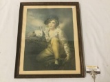 Framed antique art deco print - Boy with Rabbit by Rayburn in lovely flame mahogany frame