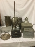 collection of Assorted vintage Metal Kitchenware: storage containers, jars, and serving plate.