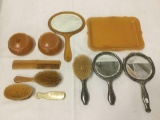 Large collection of Bakelite Vanity Accessories and Silverplate Vanity Brush and Mirrors