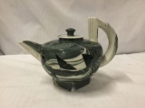 Handmade stone ceramic teapot w/ 80's style triangular geometric patterns - signed