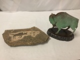 Vintage Native American style metal Buffalo statue and carving of a man and buffalo