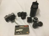 2x vintage Konica film cameras (autoflex T3 & TC) and 4 lenses w/ other accessories