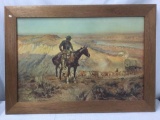 Cowboy Western CM Russell landscape print in oak frame