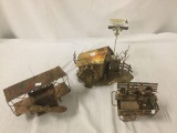 3x vintage copperized wind up music box sculptures - cart, house/shed and airplane