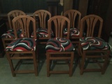 6 oak dining chairs with black red and white swirled abstract cushioned seats