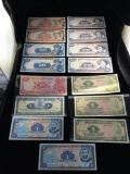 Collection of 15 uncirculated Nicaraguan bank notes from 1968 to 1990