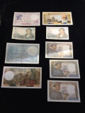 Collection of 9 uncirculated 5 and 10 Franc bank notes, see description