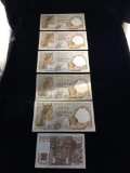 Set of 6 mostly uncirculated French 100 Franc bank notes from 1939, 1940, 1941, and 1953