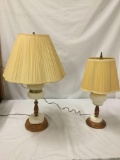 Pair of vintage wooden and milk glass base table lamps - tested and working