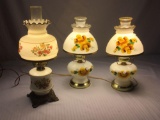 3x vintage handpainted hurricane oil lamps converted into electric lamps - tested and working