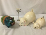 3x ceramic piggy banks - 2 white/cream and 1 multicolored by Unicorn - Japan - large pig as is