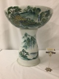 Large ceramic Japanese planter - painted watermill / misty water scene landscape