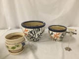 Lot of 3 ceramic planter pots with plant and flower design