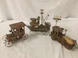 3 copperized wind up music box vehicles - 2x cars & 1x boat - 1 plays Impossible Dream