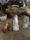 Lot of 3 cement garden statues - owl and sleeping gnome, 2 pc seahorse bird bath and shell bowl