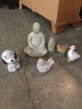 Lot of 7 small cement garden statues - Buddha, Snoopy, kitten, chick, duck and more