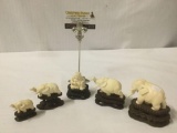 5 Asian carved bone sculpture figures with wooden bases incl. 4 elephants and Buddha