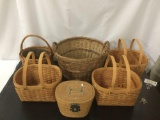 Lot of 6 woven baskets; 3x marching with handles, 1x with lid and latch, 1x with liner