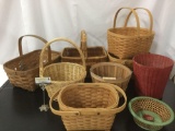 Lot of 9 woven baskets; red waste basket, metal flower design bowl, apple basket, vintage baskets