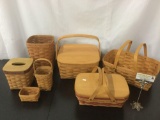 Lot of 7 handmade Longaberger woven baskets, made in Dresden OH, largest approx 12 x 13 x 11 inches.