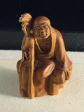 Finely carved Boxwood Asian seated Sage w/ staff, 2.25 inches tall