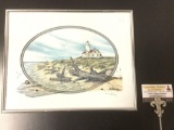 New Dungeness Lighthouse water color painting by local artist Olivia Jane William - in frame